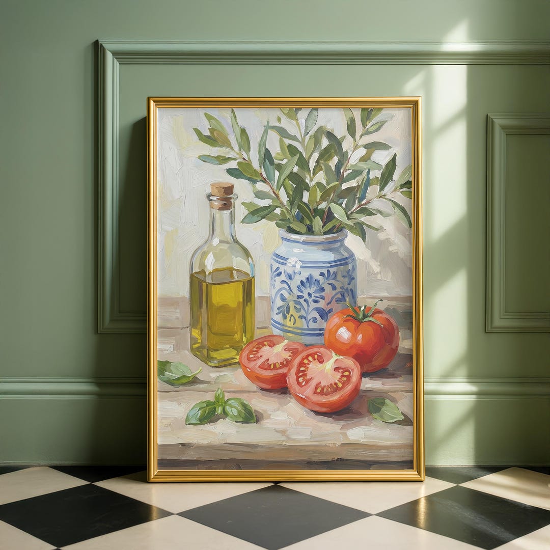 set of three mediterranean kitchen prints | framed... Mediterranean Still Life | Rustic Kitchen Wall Art | Olive Oil Tomato ...