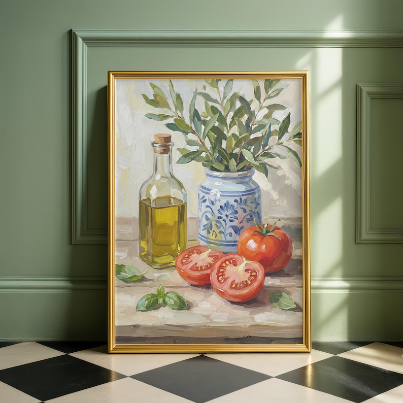 Mediterranean Still Life | Rustic Kitchen Wall Art | Olive Oil Tomato ...