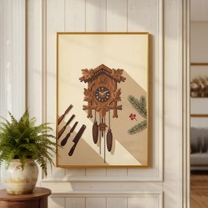 May include: A framed print featuring a detailed illustration of a traditional cuckoo clock. The clock is brown with intricate leaf carvings, a circular clock face, and hanging pinecone weights. The artwork includes stylized knives and sprigs.