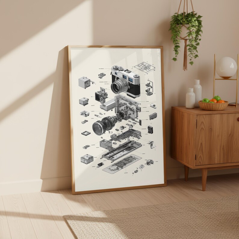 a large, detailed, and intricate cut-away diagram of a camera, with various components and parts visible. The photograph is framed and displayed on a wall, creating a striking visual representation of the inner workings of a camera.