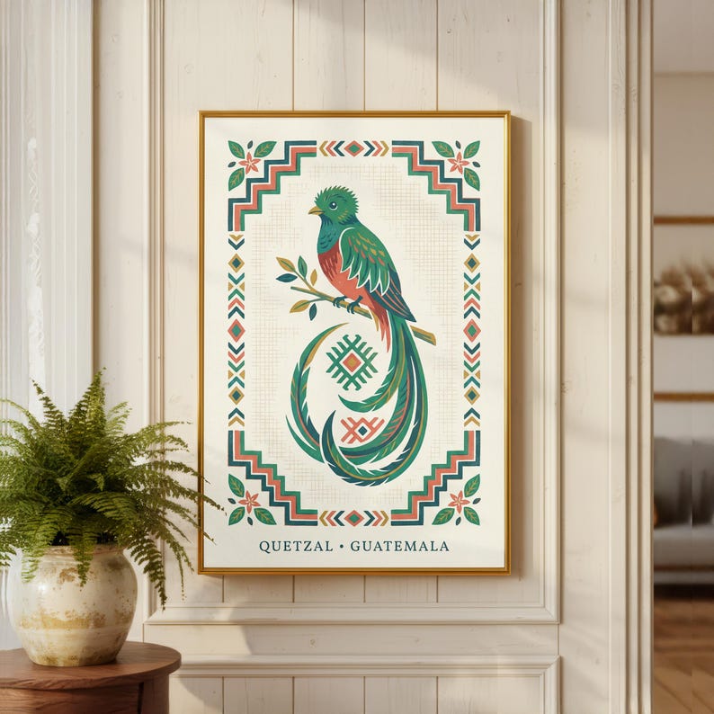 a framed poster of a colorful bird, likely a quetzal, hanging on a wall.