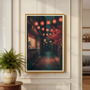 Lantern Alley at Night Poster | Asian Street Photography Art | Red Lantern Print | Moody City Decor | Rain Reflection Illustration