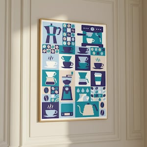 以下が含まれることがあります： 青、ターコイズ、白の色合いで、コーヒー関連のイラストをグリッドパターンで描いた額入りのアートプリント。コーヒーメーカー、カップ、豆などの画像が含まれています。クリーム色の壁に飾られています。