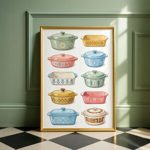 May include: A framed print featuring a collection of vintage casserole dishes in various colors. The dishes have floral, geometric, and heart designs. The color palette includes green, yellow, pink, blue, and white, with gold-colored lids and trim.