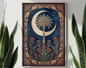 Islamic Palm Moon Tapestry Poster | Ornate Arabesque Wall Art | Moroccan Night Pattern Print | Boho Home Decor | Middle East Style | Gift