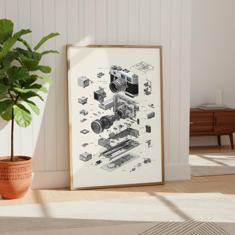 a framed diagram of a camera, with various components and parts labeled, displayed on a wall in a room with a potted plant and a wooden dresser in the background.