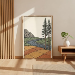 May include: Framed art print featuring a landscape scene with a river winding through green hills and fields. Two tall pine trees stand near the river. The fields are a patchwork of orange and yellow squares. The artwork is in a wooden frame.
