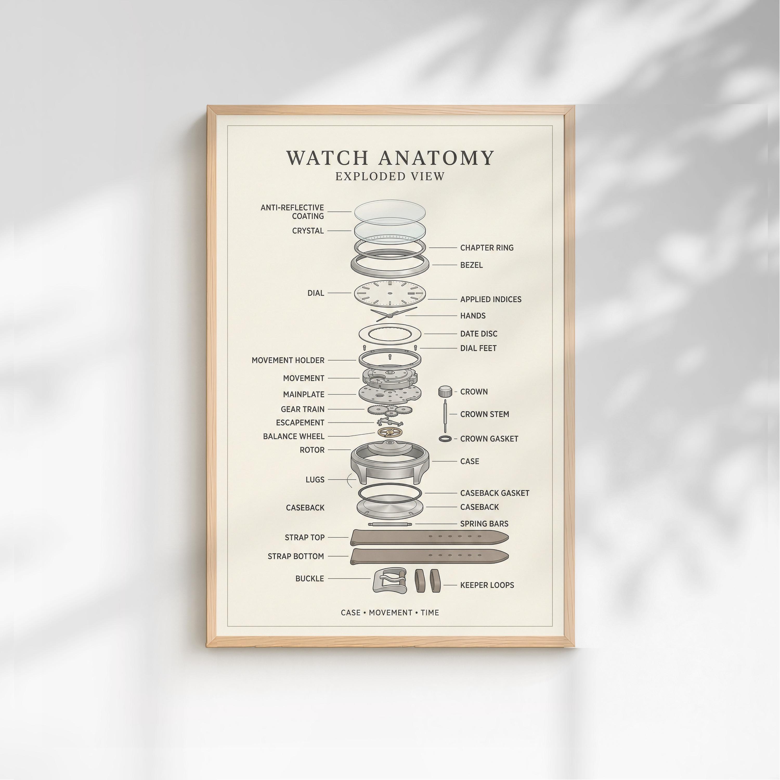 Exploded View Watch Vector Watch Anatomy Exploded View Poster | Minimalist Timepiece Wall Decor ...