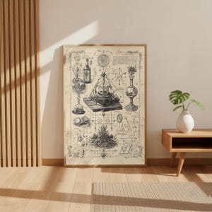 Puede incluir: Una impresión enmarcada con una detallada ilustración en blanco y negro de equipos y diagramas alquímicos. La obra de arte incluye botellas, vasos de precipitados y formas geométricas complejas, sobre un fondo similar al pergamino. La impresión se muestra en un marco de madera.