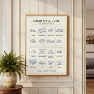 Puede incluir: Un póster enmarcado titulado "Cloud Types Guide" con ilustraciones de diferentes formaciones de nubes. El póster tiene un marco dorado y se muestra en una pared blanca. El texto incluye "Shape, Height, Weather."