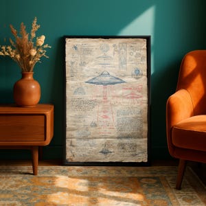 May include: A framed vintage print with a black frame, depicting a blue and red illustration of a UFO. The print has a distressed, aged look, with handwritten notes and diagrams. It's displayed against a teal wall, with an orange armchair visible.