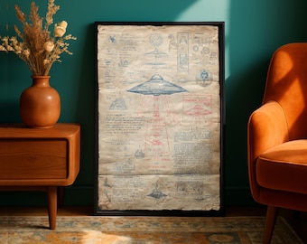 Vintage UFO Blueprint Poster | Alien Spacecraft Art | Dark Academia Wall | Retro Sci Fi Decor | Minimalist Technical Drawing Graphic