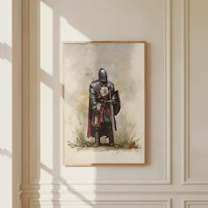 Pode incluir: Uma impressão emoldurada de um cavaleiro medieval em armadura completa, em pé em um campo. O cavaleiro usa um capacete, uma couraça de metal escuro e uma capa vermelha. Ele segura uma espada e um escudo, com um estilo de ilustração detalhado.