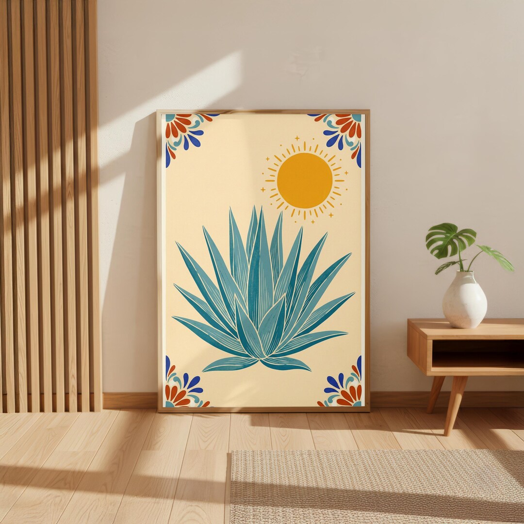 Agave & Sun Ornament Poster | Boho Desert Wall Art | Blue Plant Print ...