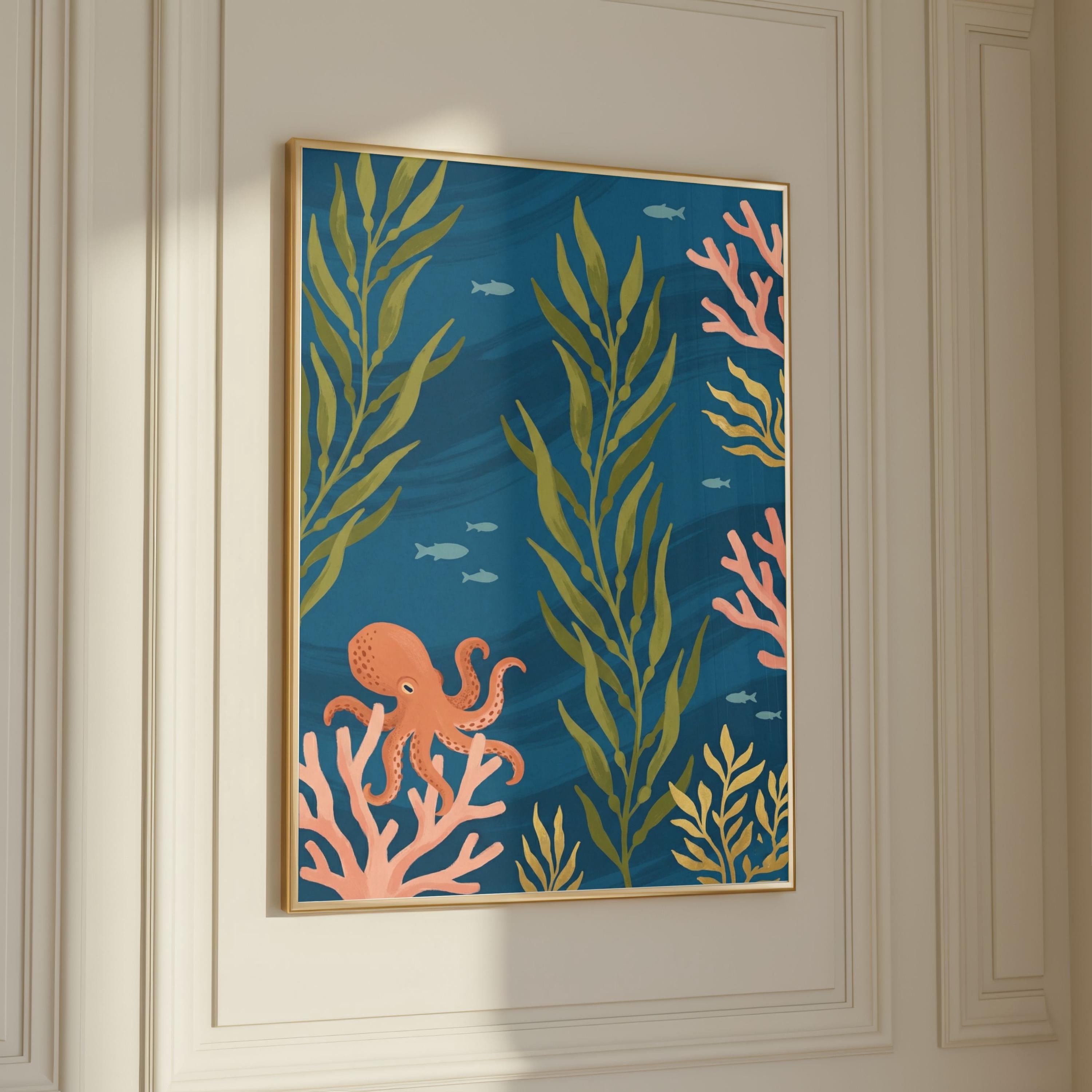 Coral Reef Octopus | Deep Sea Wall Art | Ocean Animal Print | Nautical ...