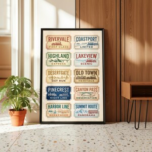 May include: A framed vertical poster featuring ten rectangular labels with vintage-style train illustrations and text including Rivervale First Class, Coastport Limited, Highland Express, Lakeview Scenic, Desertgate Day Run, Old Town Heritage, Pinecrest Night Line, Canyon Pass Observation, Harbor Line Weekender, and Summit Route Panorama.