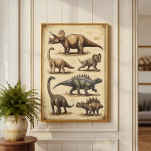 May include: A framed print featuring illustrations of various dinosaurs in shades of brown, tan, and gray. The dinosaurs are depicted in a vintage style, with a textured background. The frame is gold-colored, adding a classic touch to the artwork.