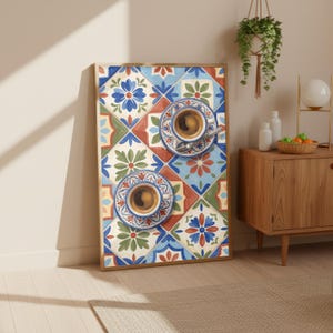 Poster del caffè mediterraneo / Stampa di cibo vintage / Decorazione cucina retrò / Parete sala da pranzo estetica / Motivo a piastrelle decorate / Colazione