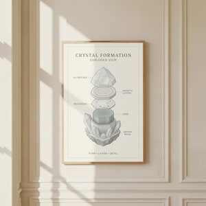 Puede incluir: Una impresión enmarcada titulada "CRYSTAL FORMATION EXPLODED VIEW" sobre un fondo crema. El diagrama muestra la estructura interna de un cristal, con secciones etiquetadas como "OUTER FACE", "INCLUSIONS" y "CORE". La obra de arte está en un marco de madera.