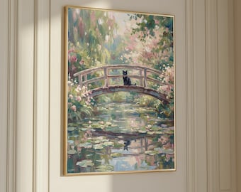 Water Lily Bridge Impressionist | Monet Style Cat Art | French Garden Wall Decor | Famous Painting Parody | Green Nature Landscape Poster