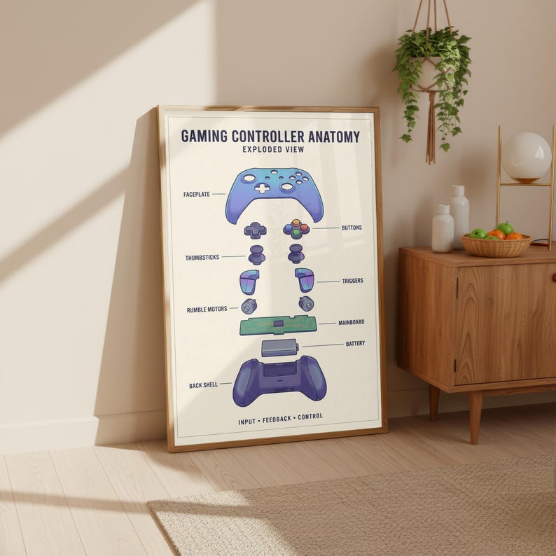 A poster titled "GAMING CONTROLLER ANATOMY EXPLODED VIEW" is displayed on a wall, accompanied by a potted plant and a wooden cabinet.