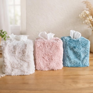 Faux Fur Tissue Box Cover for Kleenex Cube – Fluffy Plush Holder – Pastel White Cream Pink Sage – Cute Aesthetic Bathroom Bedroom Decor