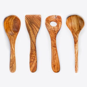 Olive Wood Cooking Utensil Set, 4 Pieces No Holder, Handcrafted Tunisian Mediterranean