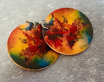 Copper earrings / colorful jewelry / yellow red brown / abstract / stainless steel ear wires /