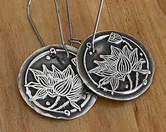 Sterling silver earrings / lotus flower earrings / wax seal jewelry / botanical gifts / zen / spiritual flower / Buddha /