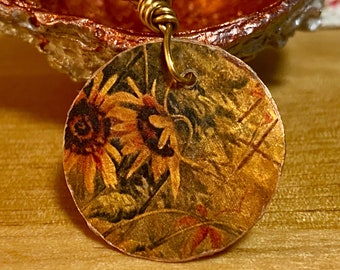 Sunflower necklace  / botanical jewelry / dainty gold necklace  / copper  pendant  gold chain / flower gift ideas mothers day vintage image