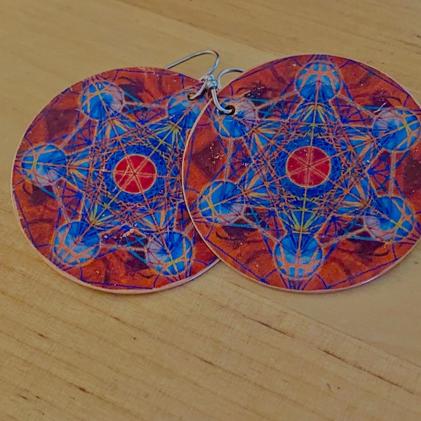 Metatrons Cube Earrings large round copper, colorful, Sacred Geometry symbols jewelry gifts