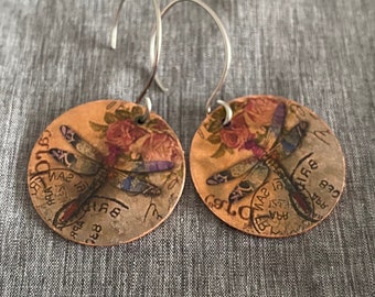 Dragonfly earrings copper round discs image jewelry hypoallergenic ear wires 1 inch circles