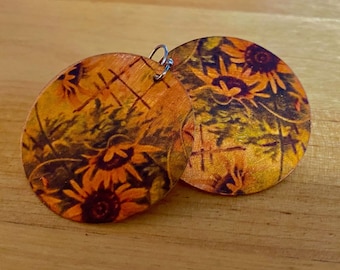 Large sunflower earrings / copper disc / stainless steel ear wires / hypoallergenic / botanical / floral gifts / birthday / special person