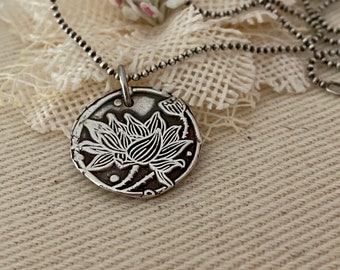 Lotus Wax Seal Pendant Sterling Silver Flower charm necklace Spiritual Inspirational rustic yoga,zen, lotus jewelry Strength Courage