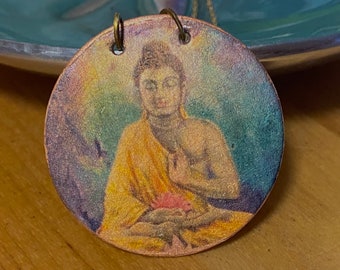 Buddha Pendant / lotus flower jewelry / large round circle necklace / pink / green / spiritual gifts / Buddhist  / meditation /