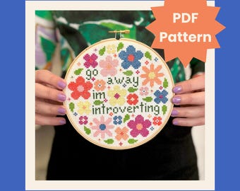 Funny Introvert Cross Stitch Pattern: Floral Needlepoint (PDF Digital Download)