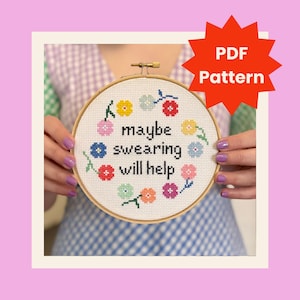 May include: A cross-stitch embroidery hoop with the text "maybe swearing will help" surrounded by colorful floral designs. The hoop is held against a background of a person wearing a blue and white checkered pattern.