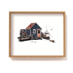 Framed coastal illustration art | lobster fishing shack with harbour boat | Maine shingle house drawing art print | new England wall decor