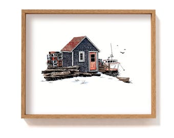 Framed coastal illustration art | lobster fishing shack with harbour boat | Maine shingle house drawing art print | new England wall decor