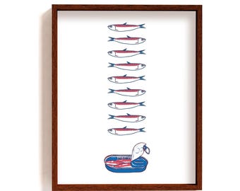 Póster de pez sardina enmarcado y lata abierta / impresión de ilustración de mariscos / dibujo minimalista de sardinas / decoración de pared de mariscos costeros / arte oceánico