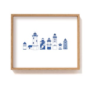 Framed blue lighthouse assortment in row | lighthouses poster | coastal wall decor | Maine lighthouse illustration | New England print