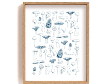 Framed mushroom assortment poster | blue mushroom illustration print | hand drawn botanical wall decor | fungi guide art | forest artwork
