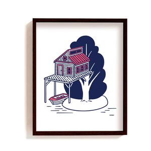 Framed tree house & boat illustration print | whimsical poster kids room | nursery wall decor | outdoors wall art | cabin in the woods art