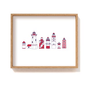 Framed red lighthouse assortment in row | lighthouses poster | coastal wall decor | Maine lighthouse illustration | New England print