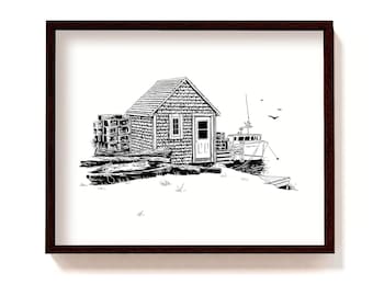 Framed coastal illustration | lobster fishing shack harbour boat | Maine shingle house wharf drawing | New England black white wall art