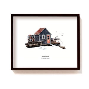 Framed nova scotia illustration, lobster fishing shack boat, coastal art print, canada drawing, new England wall decor, the Maritimes poster