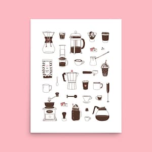 Coffee Assortment Poster | coffee making guide illustration | cafe wall decor | barista wall art | espresso macchinetta french press bean