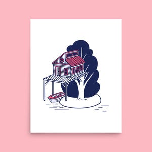 Tree house & boat illustration print | whimsical poster kids room | nursery wall decor | outdoors wall art | island cabin in the woods art