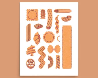 Pastaffisch | grafisk pastaillustration | väggkonst med pastaguide | väggdekor med matälskare | tryck med italiensk mat | teckning av pastaformer | ris
