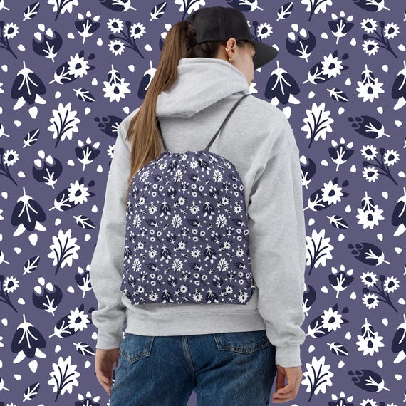 Purple Quirky Flowers Drawstring Bag Botanical Floral Design